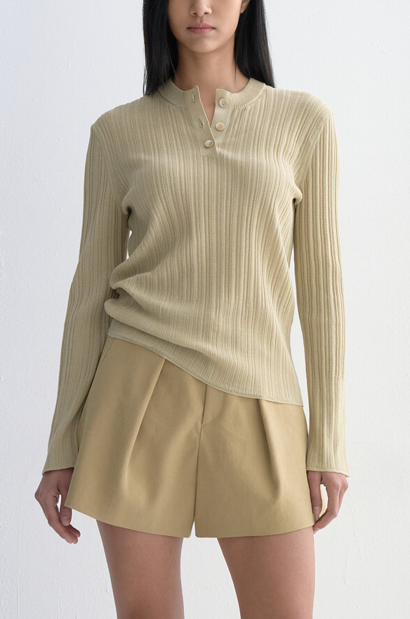 Henley-Neck Ribbed Knit Top