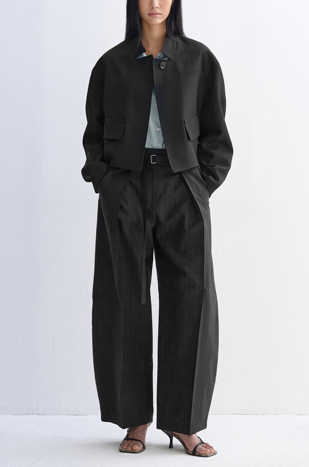 Belted One-Tuck Striped Wide Pants