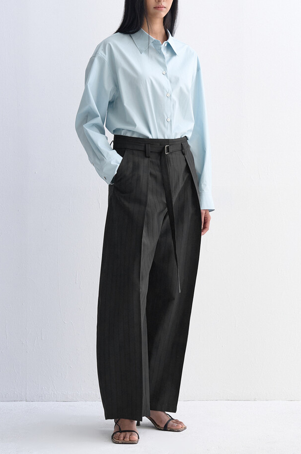 Belted One-Tuck Striped Wide Pants