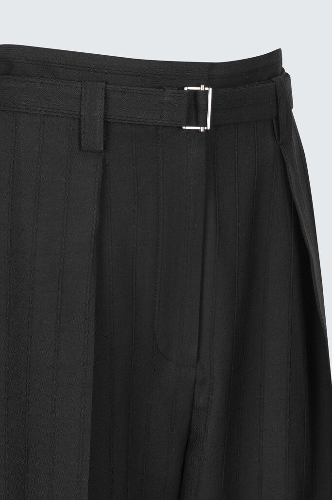 Belted One-Tuck Striped Wide Pants