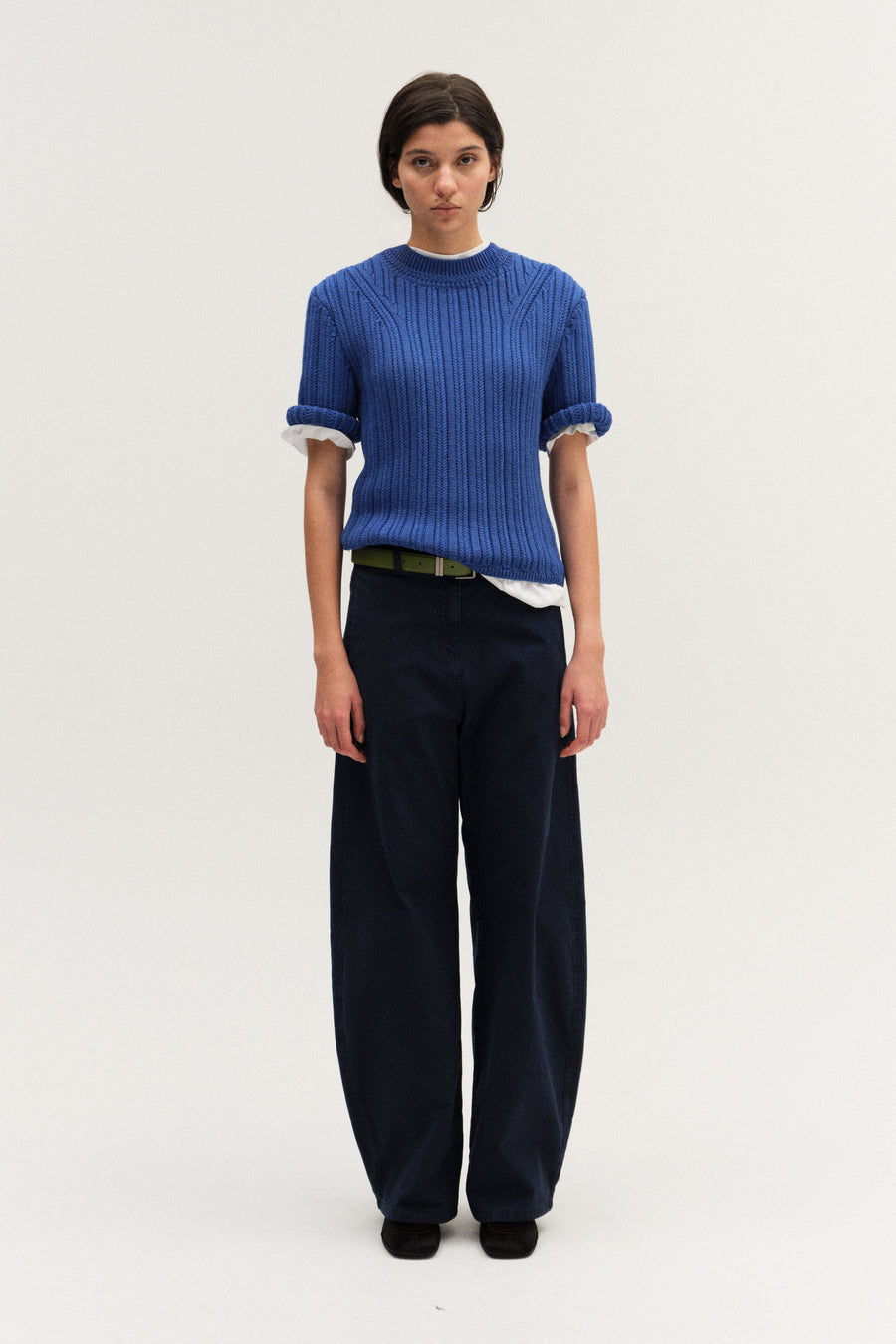 ROUND NECK HALF SLEEVE KNIT TOP