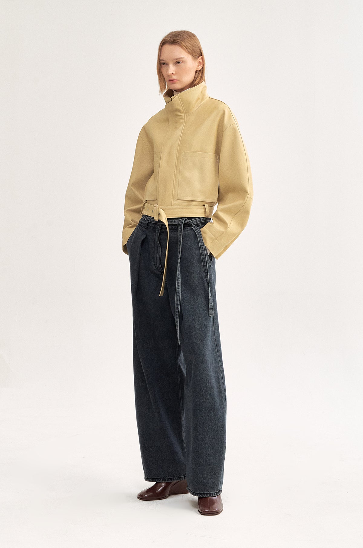 YELLOW LEATHER BELTED JACKET