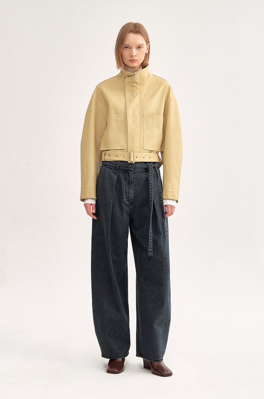 YELLOW LEATHER BELTED JACKET